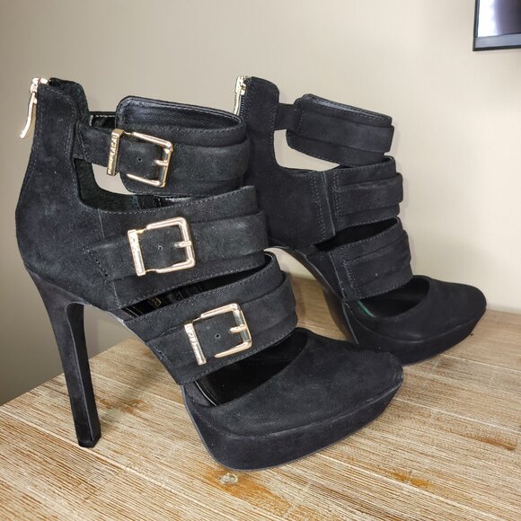 BCBG Generation Black Suede Pointy Strappy High Heels with Gold Buckles Size 8 - Picture 2 of 10
